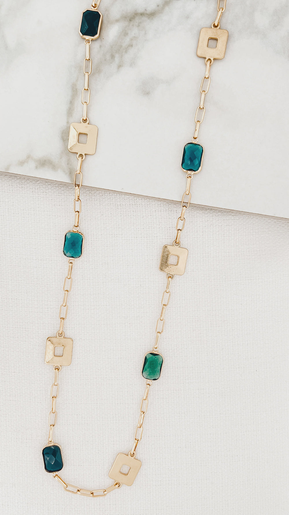 Long Gold Cube & Crystal Necklace - Blue & Black