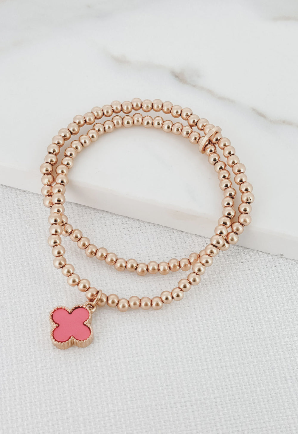 Gold Double Beaded Bracelet - Pink Clover