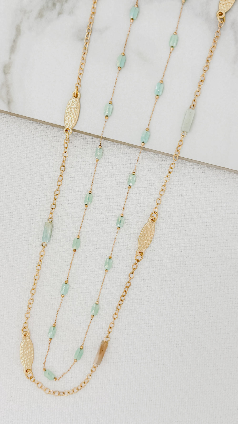 Long Gold Double Chain Necklace - Turquoise Beads
