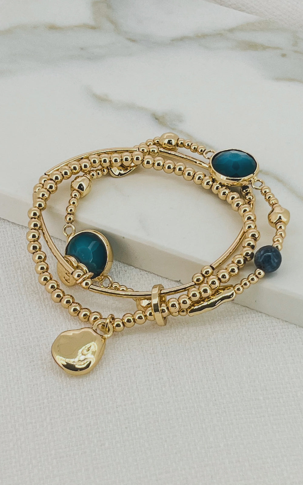 Gold Beaded Triple Bracelet - Blue