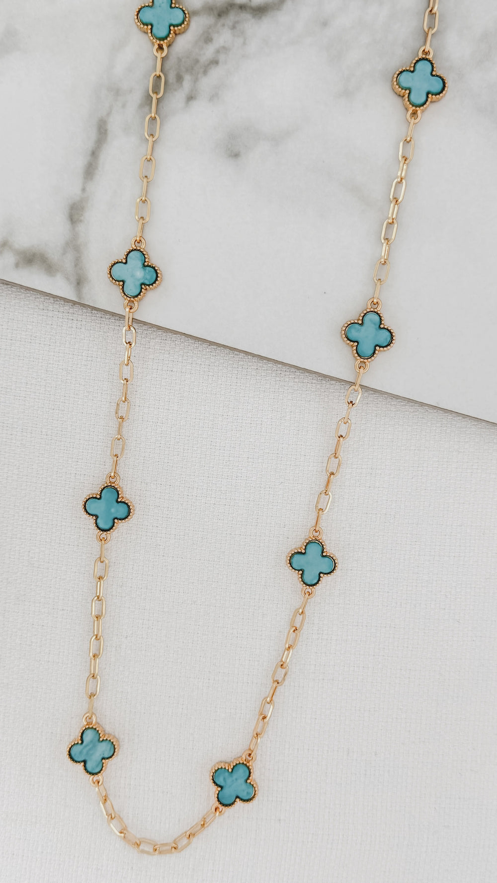 Long Gold  Clover Link Necklace - Turquoise