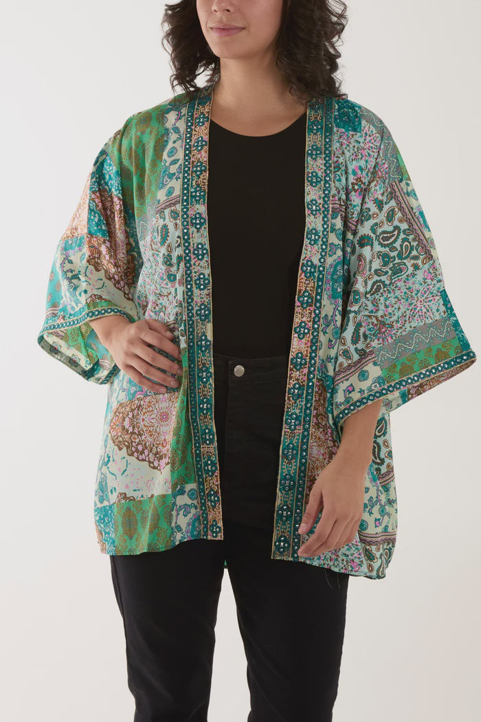 Multi Print Embellished Kimono - Green