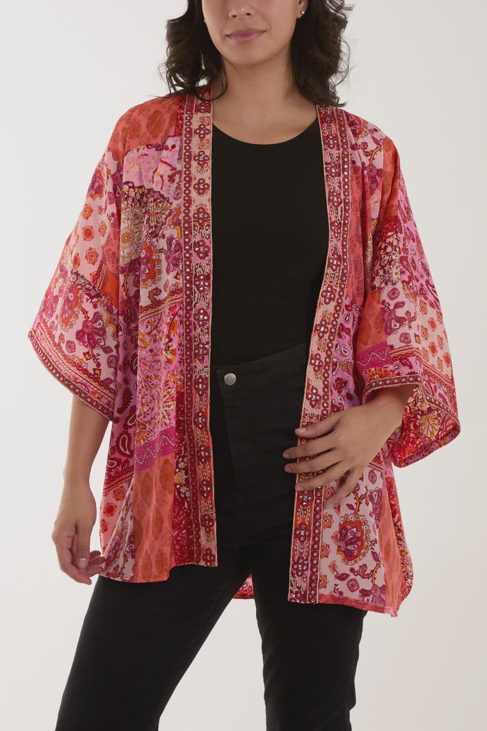 Multi Print Embellished Kimono - Pink