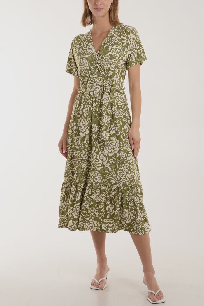 Floral Print Wrap Tie Strech Midi Dress - Khaki