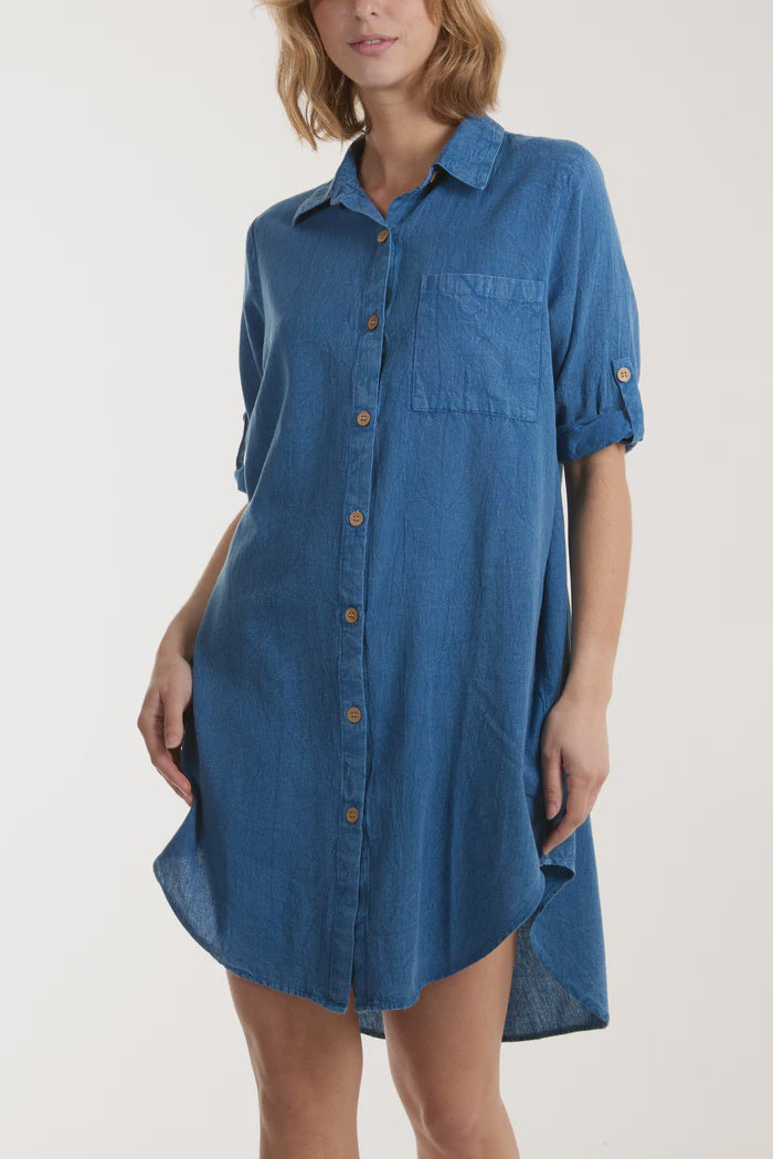Oversized Button Front Shirt Dress - Denim