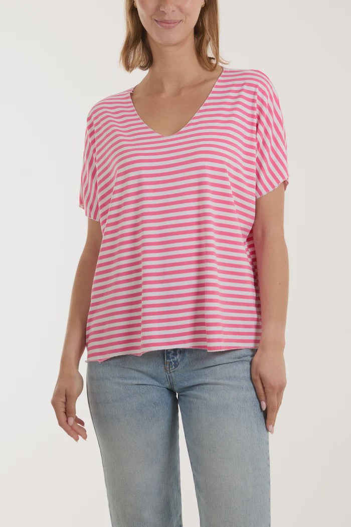 V Neck Striped T-Shirt - Pink
