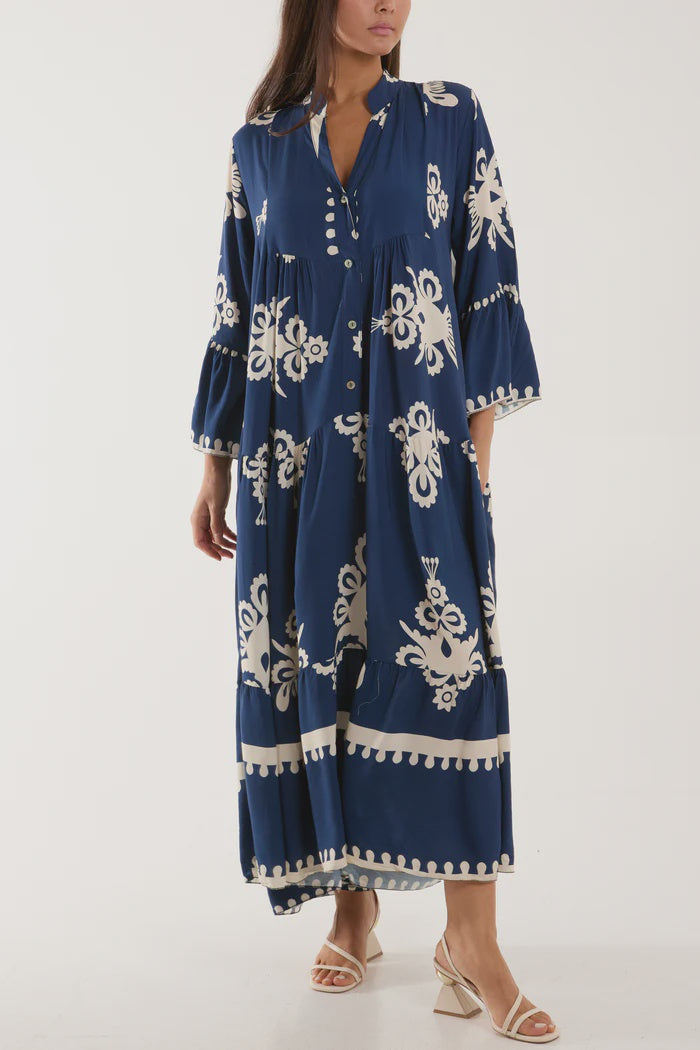 Printed Tiered Maxi Dress - Navy