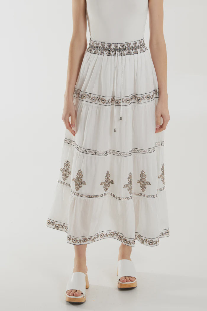 Embroidered Flower Maxi Skirt - White