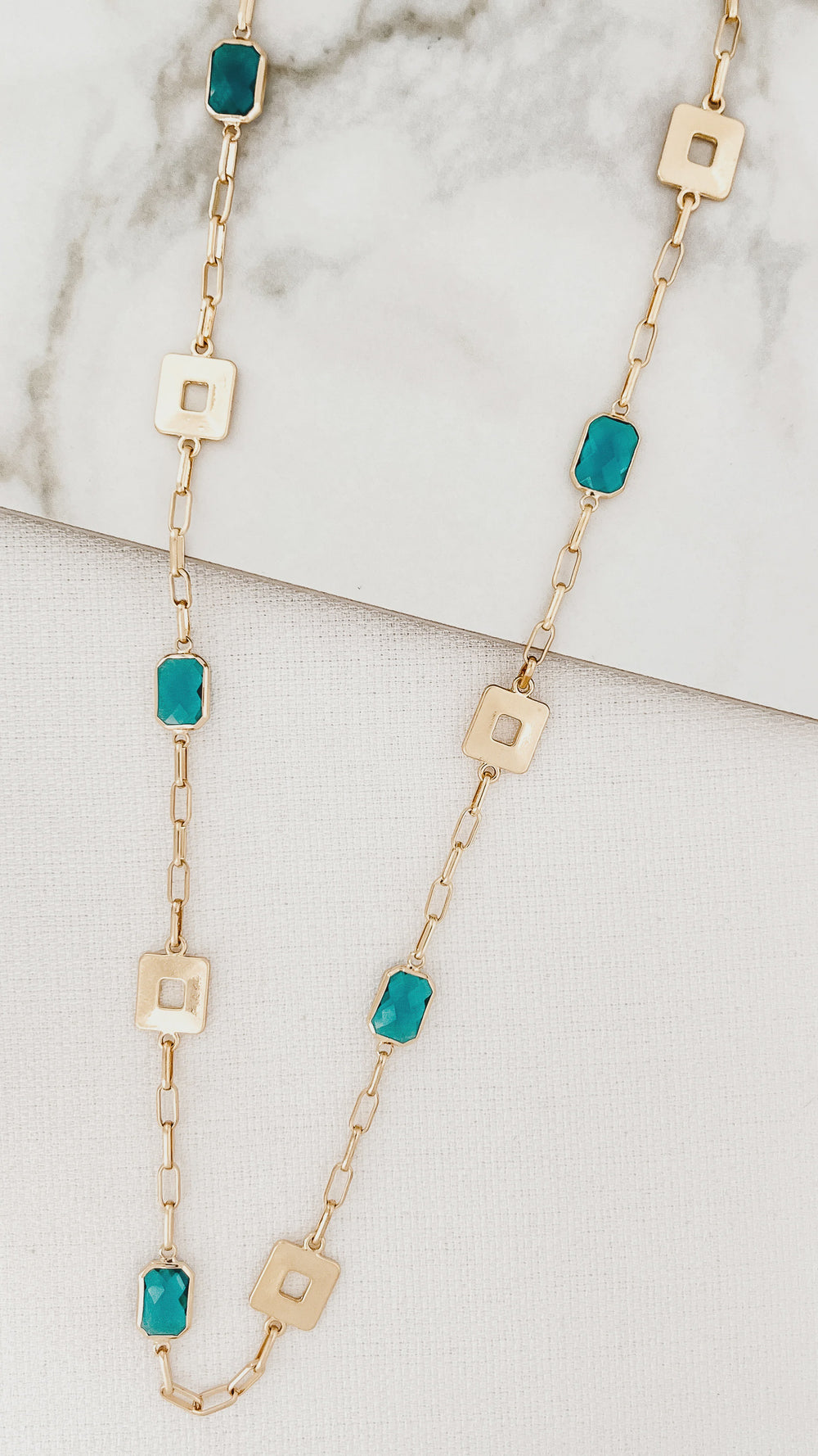 Long Gold Cube & Crystal Necklace - Blue