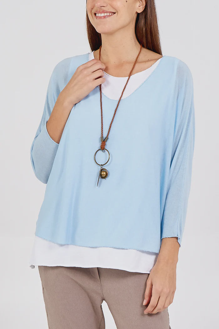 Double Layer Long Sleeve Top With Necklace - Light Blue