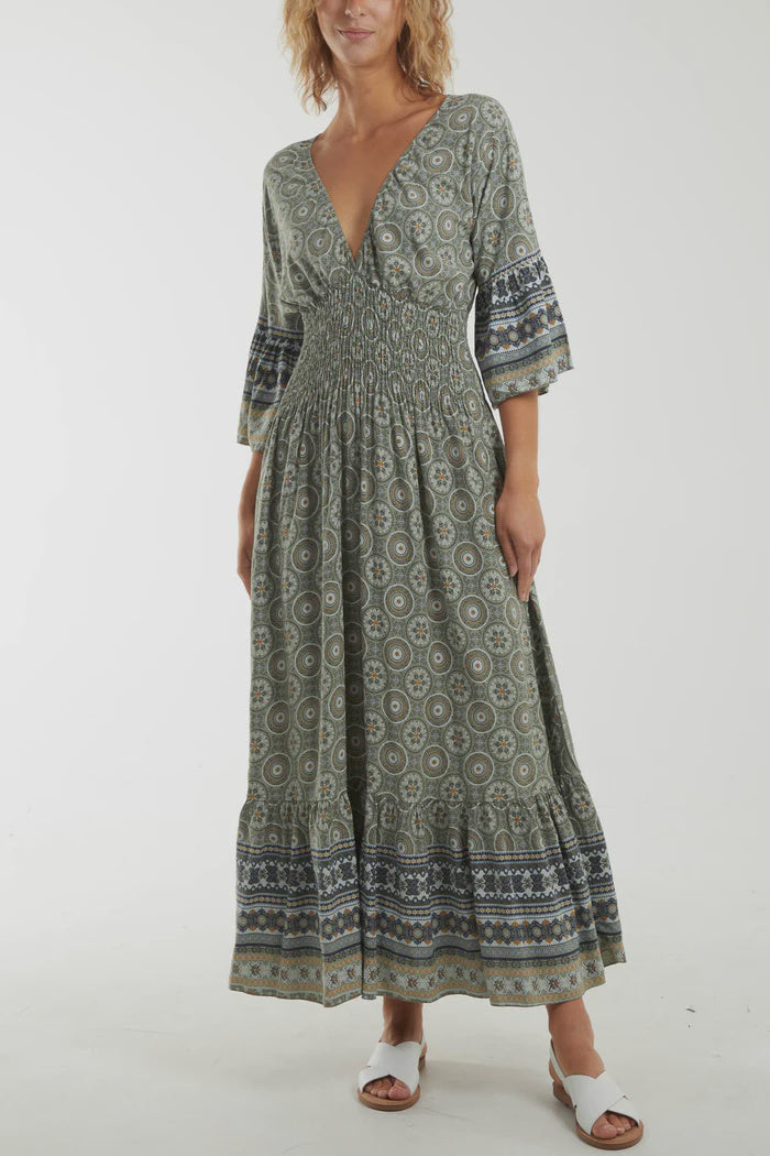Mosaic Shirred Bodice Maxi Dress - Khaki