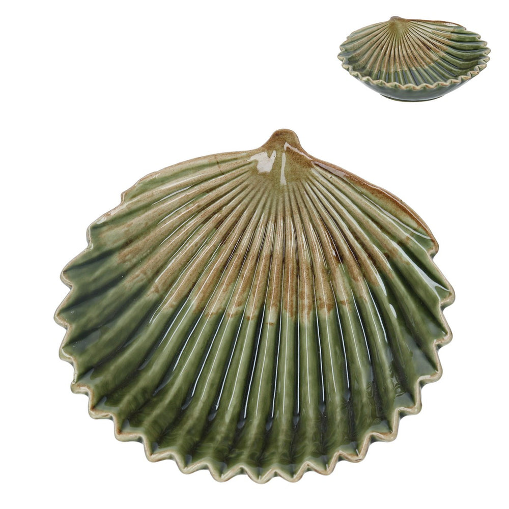 Gisela Graham Ceramic Trinket Dish 15cm - Antiqued Green Fan Leaf