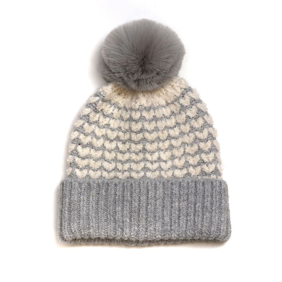 POM Heart Knitted Hat With Faux Fur Pompom - Grey