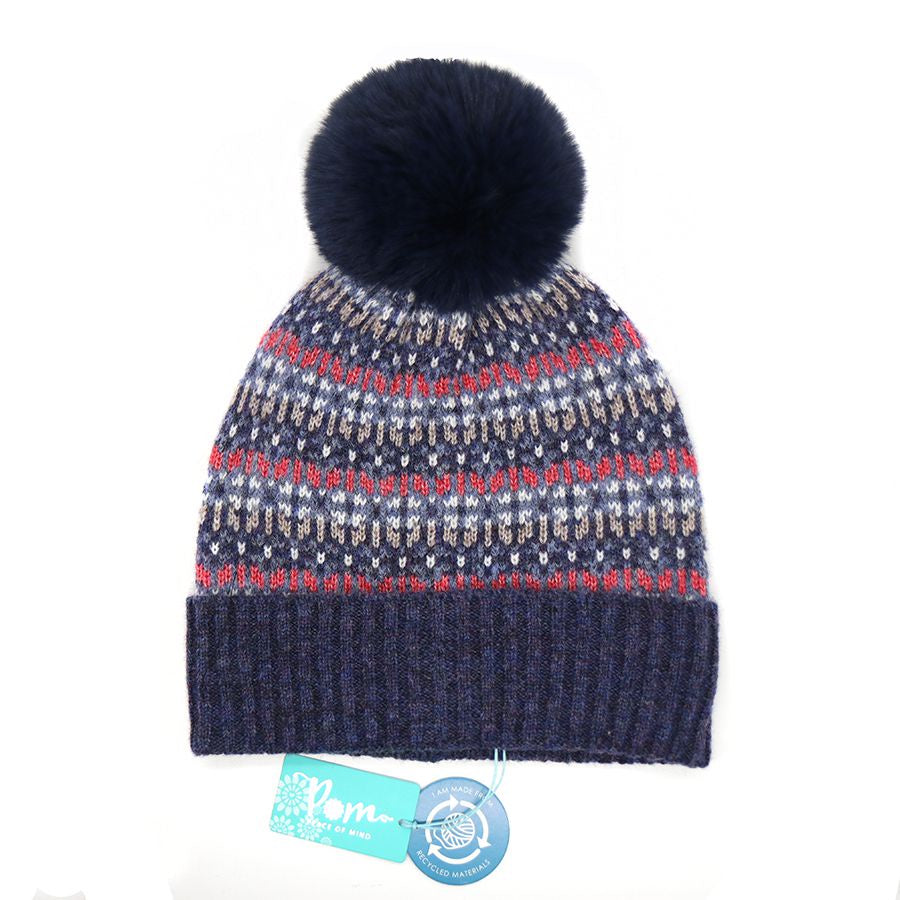 POM Knitted Hat With Faux Fur Pompom - Blue & Purple Mix