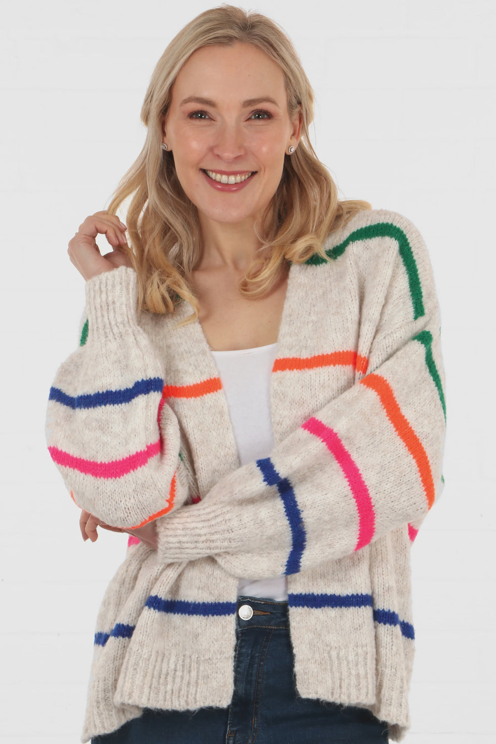 Grey Cardigan With Multi Coloured Stripes