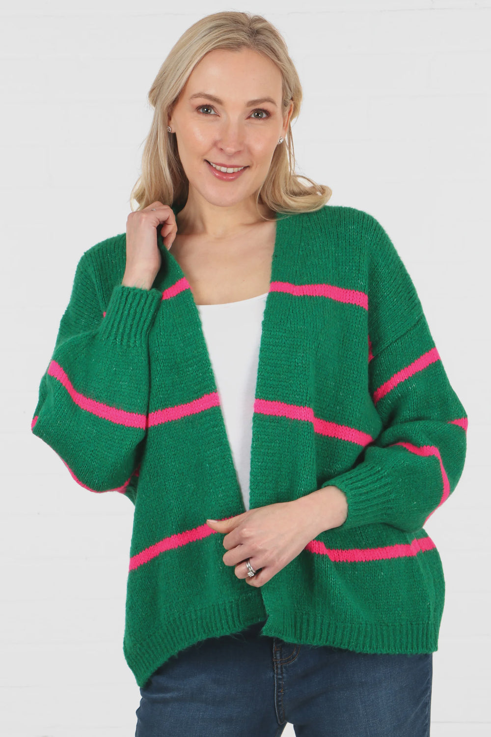 Green Cardigan With Pink Stripe