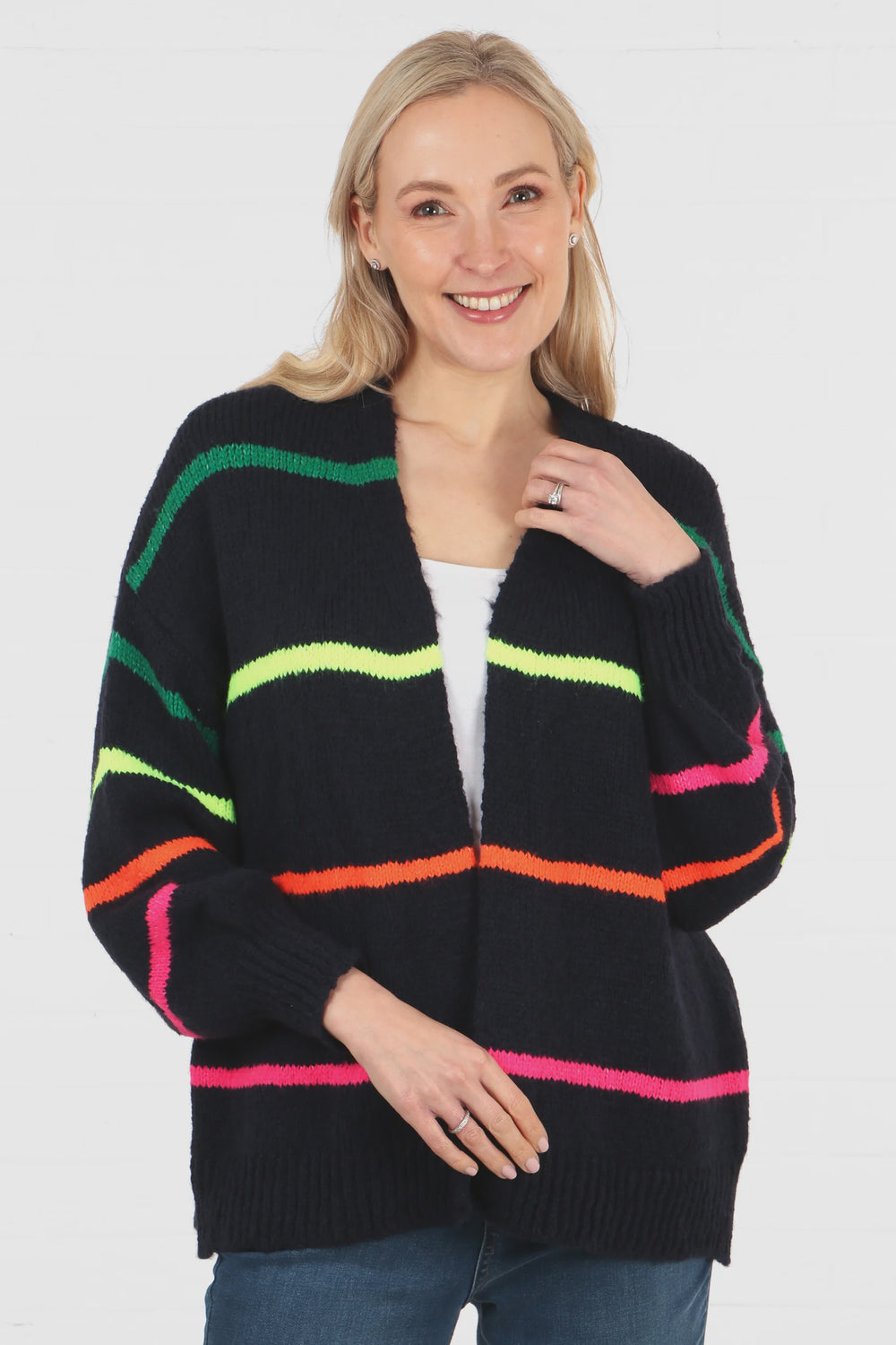 Navy Cardigan with Multi Coloured Stripes