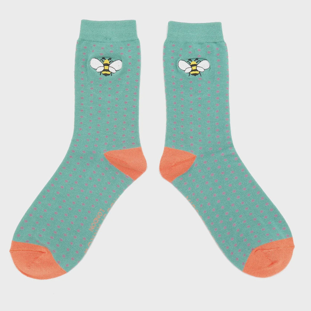 Miss Sparrow Ladies Socks Embroidered Bumble Bees - Green