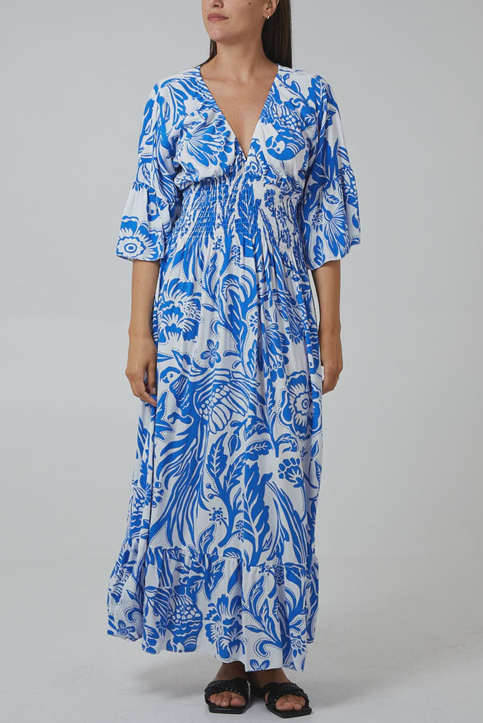 Floral Shirred Waist Midi Dress - Blue