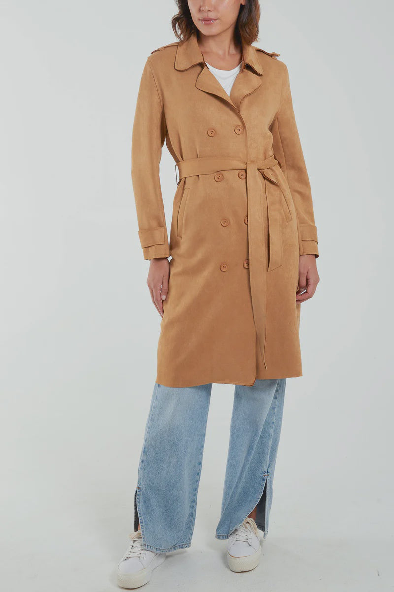 Faux Suede Trench Coat - Camel