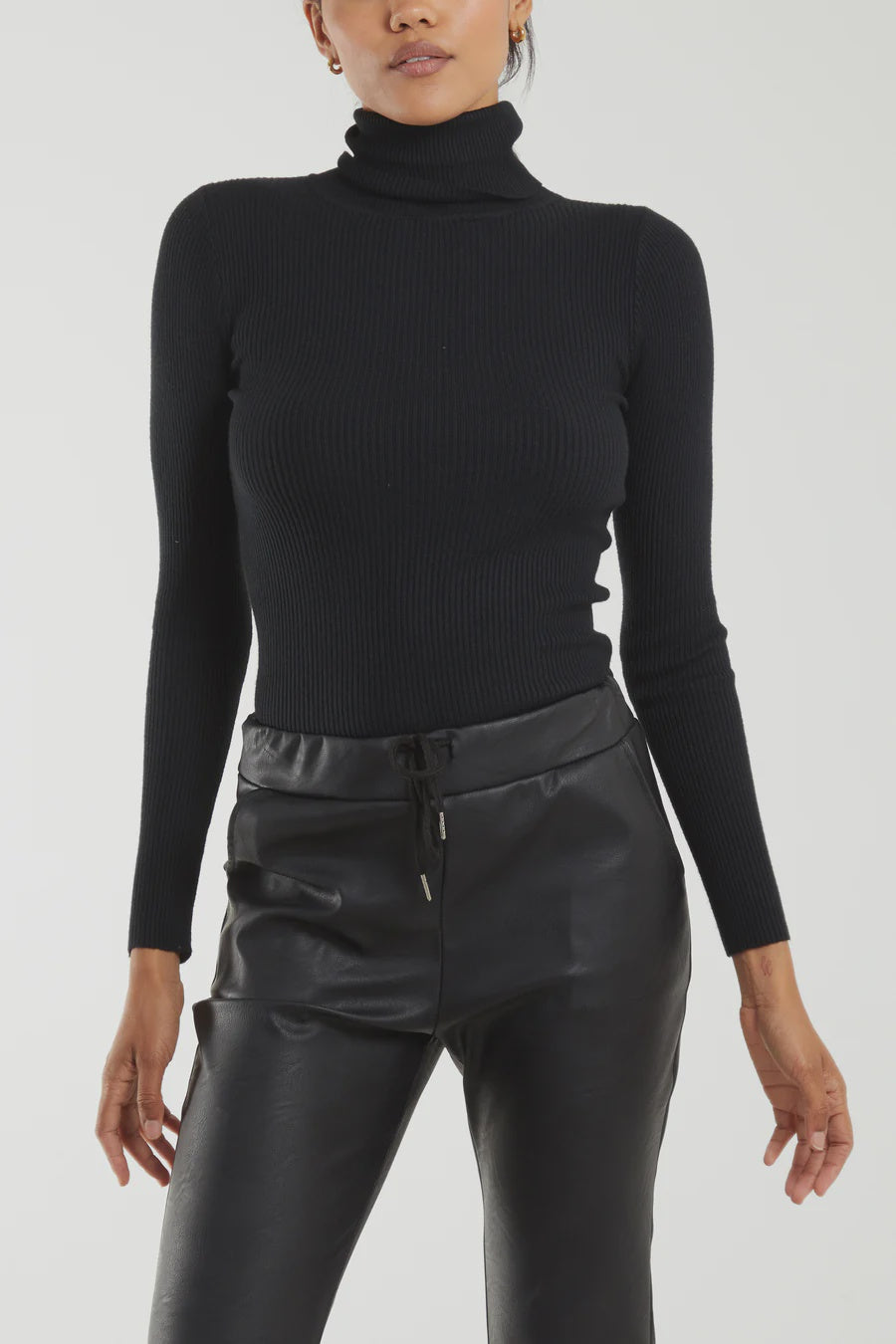 Roll Neck Ribbed Top - Black