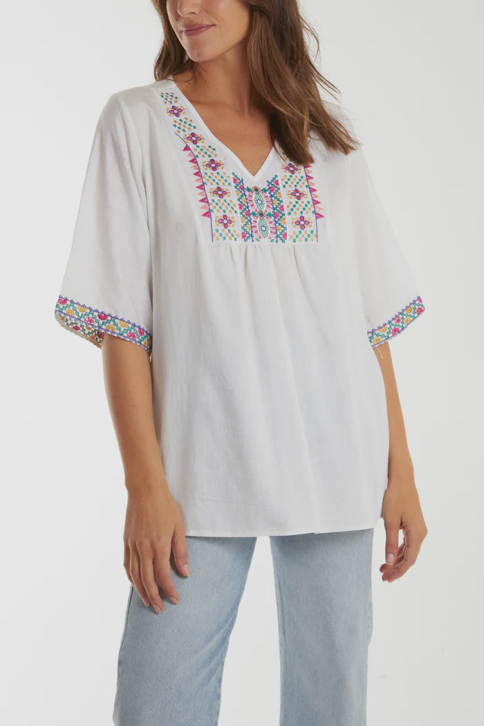 Floral Embroidery V Neck Blouse - Ivory