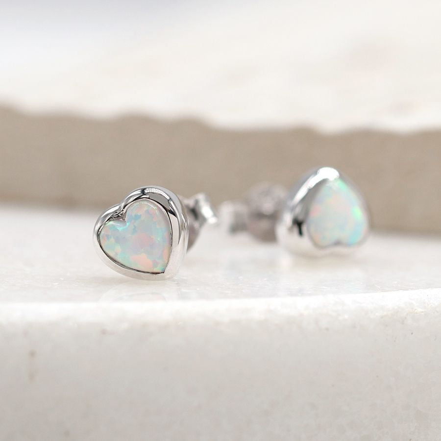POM Sterling Silver Opal Heart Stud Earrings