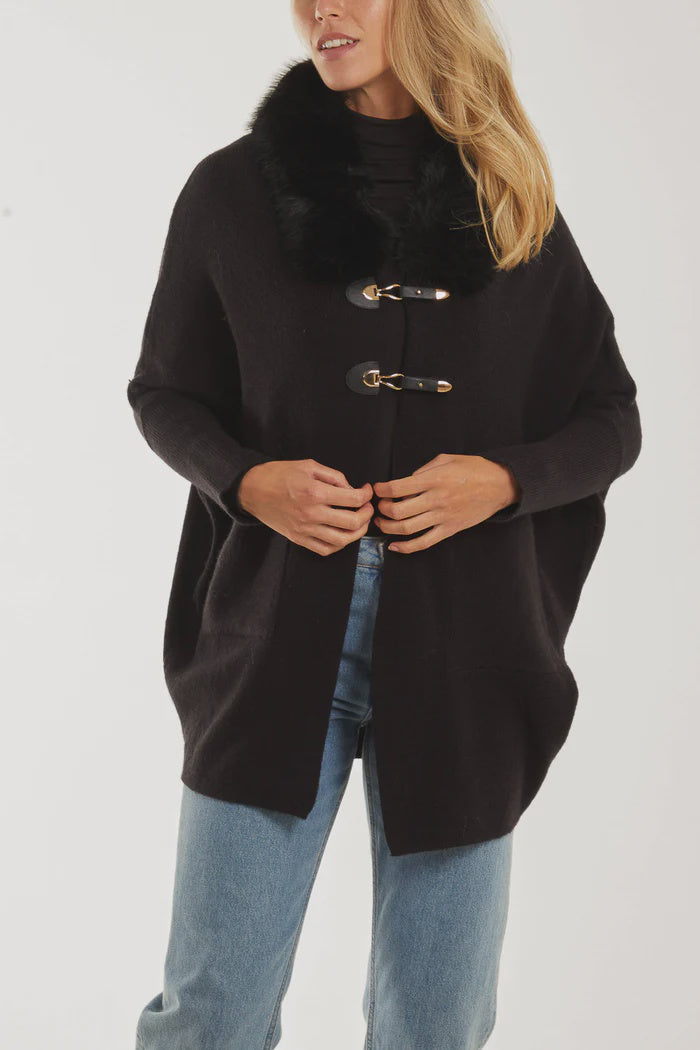 Fluffy Batwing Buckled Jacket - Black- One Size