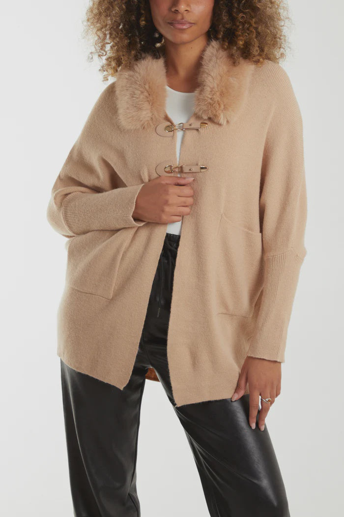 Fluffy Batwing Buckled Jacket- Camel- One Size