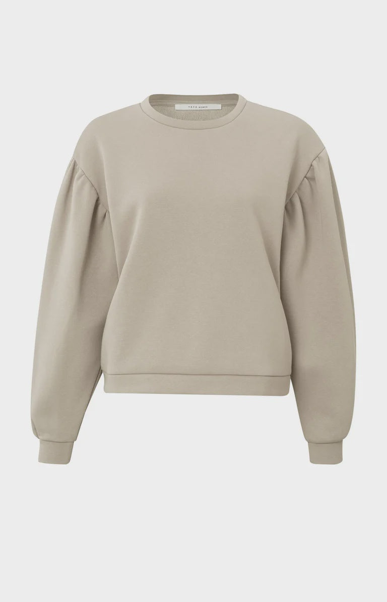 YAYA Round Neck Sweatshirt With Puff Sleeves - Pure Cashmere Brown