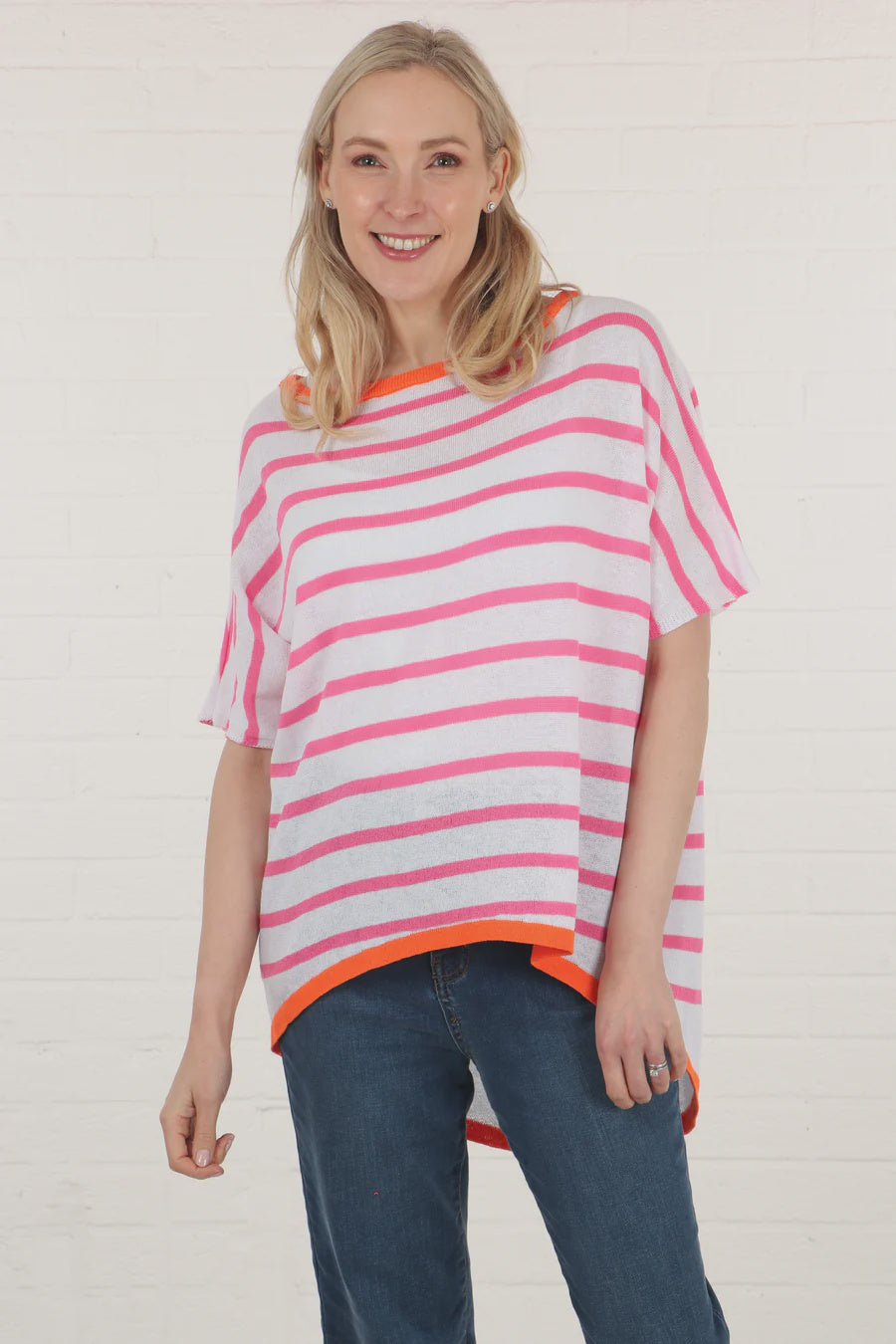 Striped Short Sleeve Jumper - Orange, Pink & White