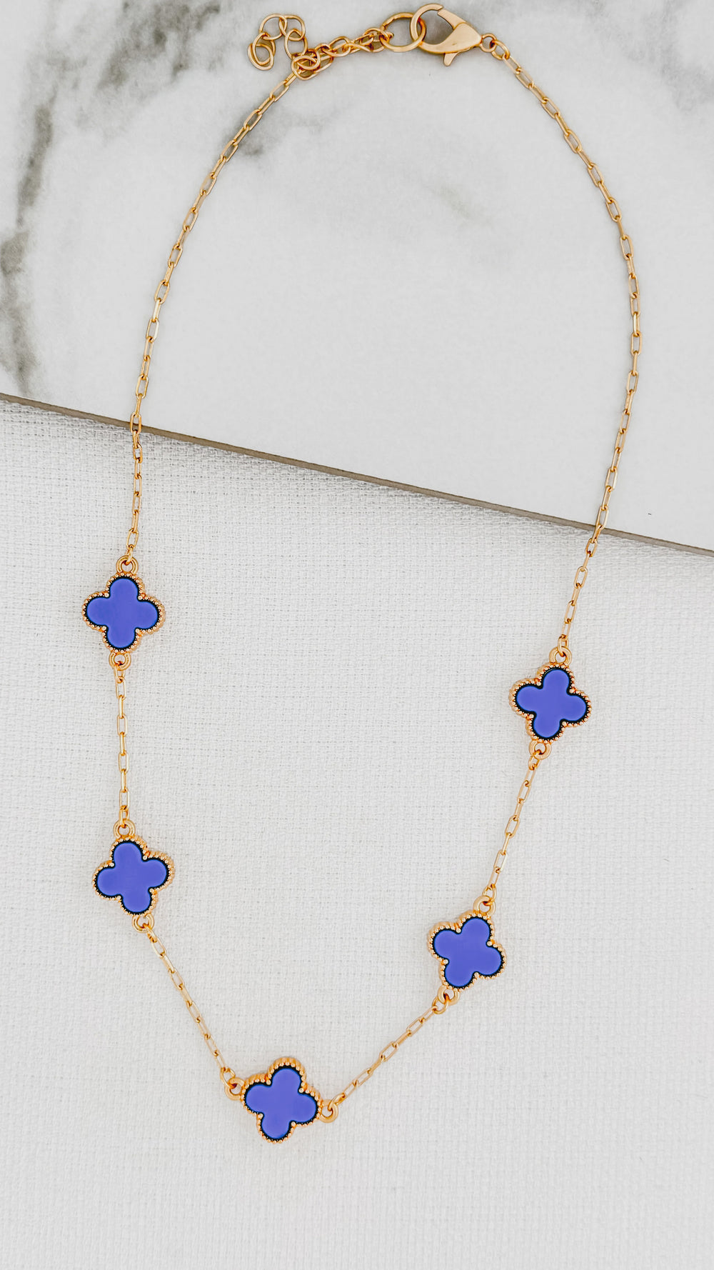 Short Gold Clover Link Necklace - Blue