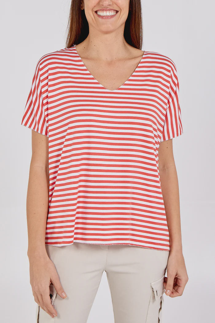 V Neck Striped T-Shirt - Coral