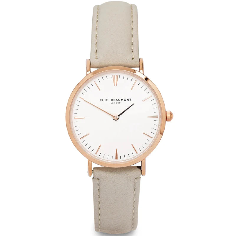 Elie Beaumont Oxford Small Rose Gold Leather Watch - Stone