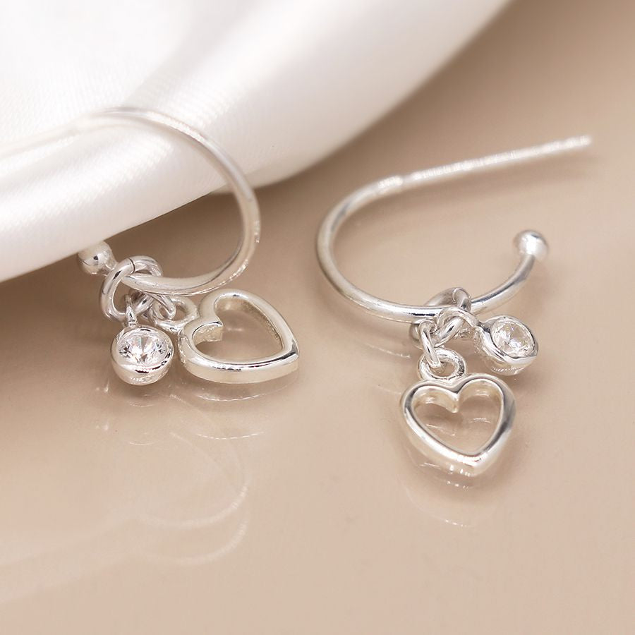 Sterling Silver Heart & Crystal Charm Earrings
