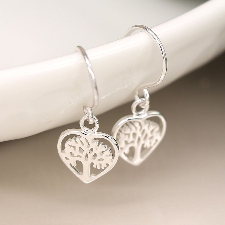 Sterling Silver Tree Of Life Heart Earrings