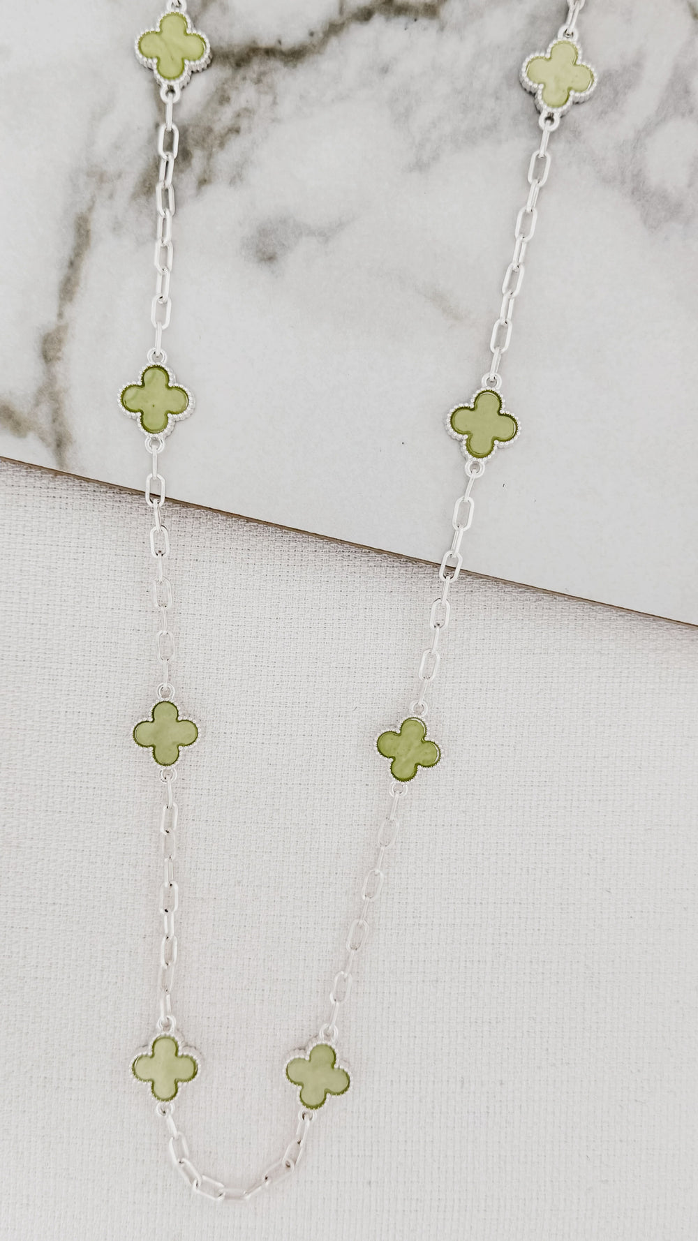 Long Silver Clover Link Necklace - Green