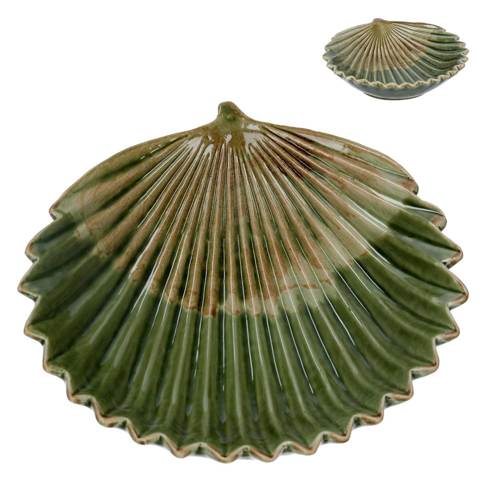 Gisela Graham Ceramic Trinket Dish 19cm - Antiqued Green Fan Leaf