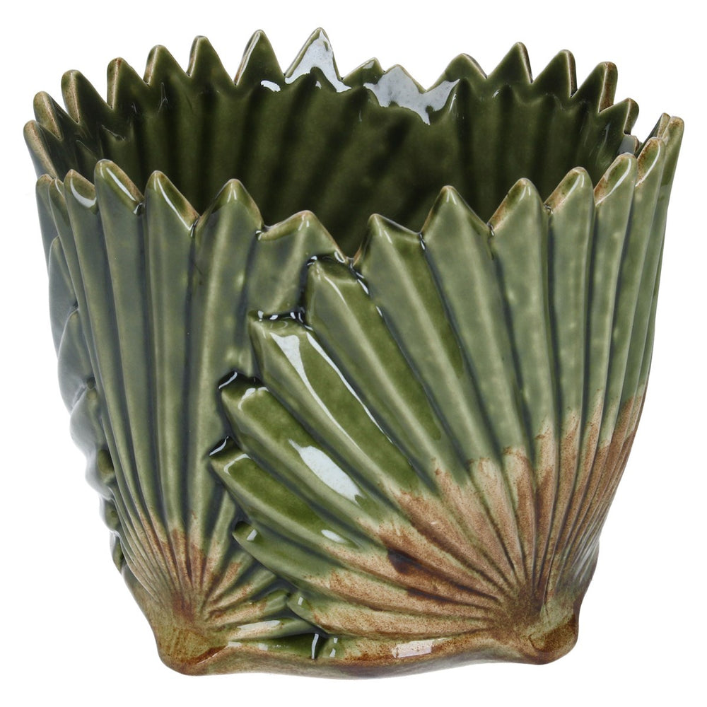 Gisela Graham Medium Ceramic Pot - Antiqued Green Fan Leaf