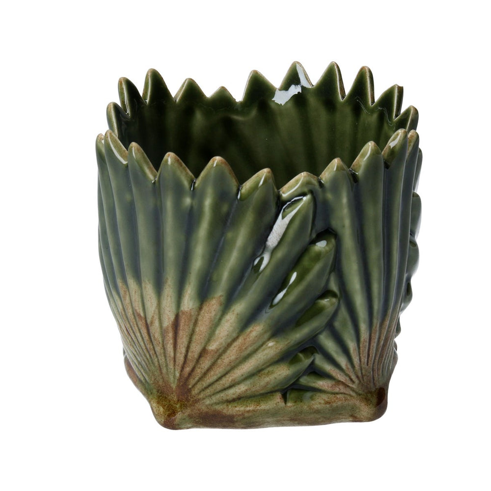 Gisela Graham Small Ceramic Pot  - Antiqued Green Fan Leaf