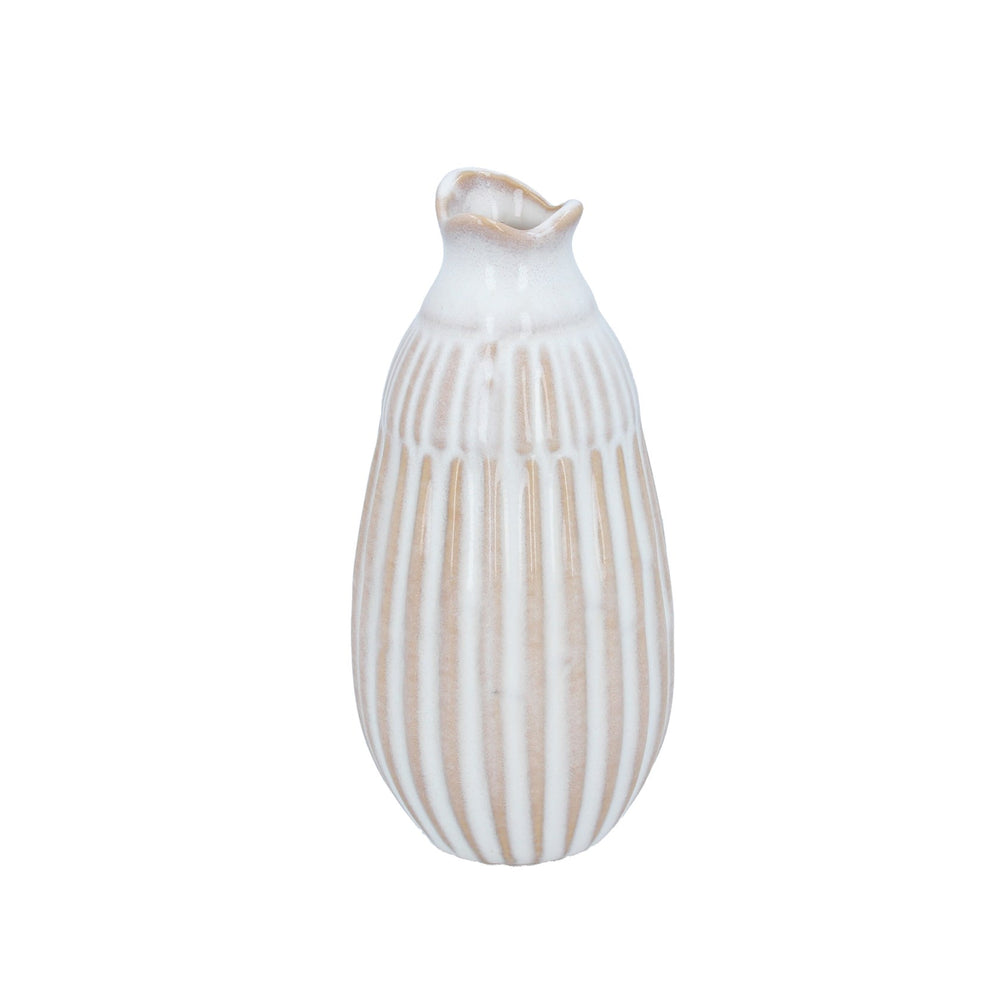 Gisela Graham Small Ceramic Decorative Vase - White Ribbed Funnel Top