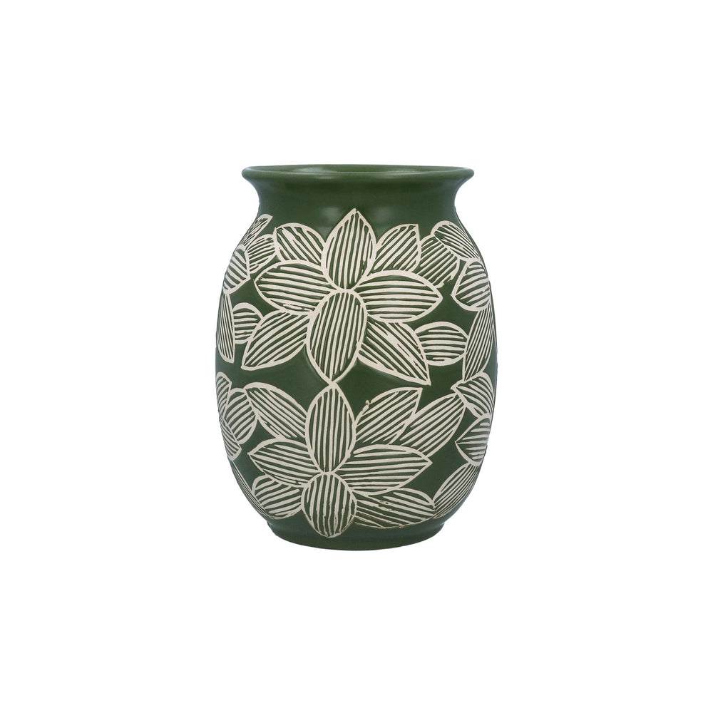 Gisela Graham Medium Stoneware Decorative Vase - Green Etched Flowers
