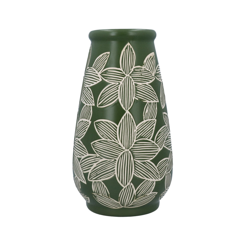 Gisela Graham Large Stoneware Decorative Vase - Green Etched Flowers