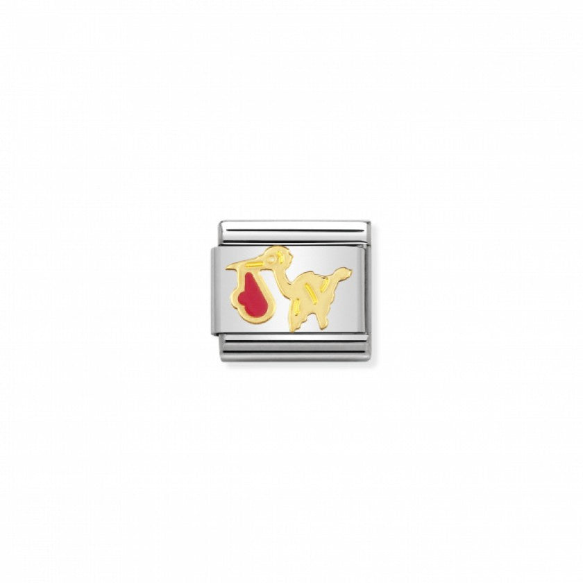 Nomination Classic Link Gold and Enamel Pink Stork Charm