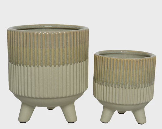 Set of Two Ribbed Stoneware Planters
