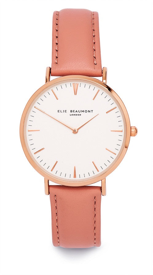 Elie Beaumont Oxford Large Rose Gold Leather Watch Light Pink