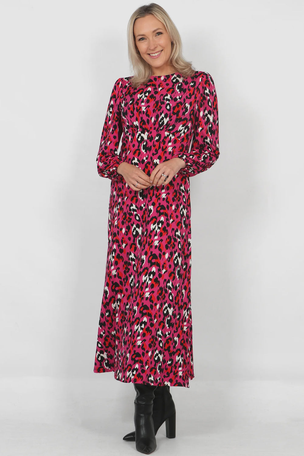 Long Sleeve Leopard Print Tea Dress - Fuchsia
