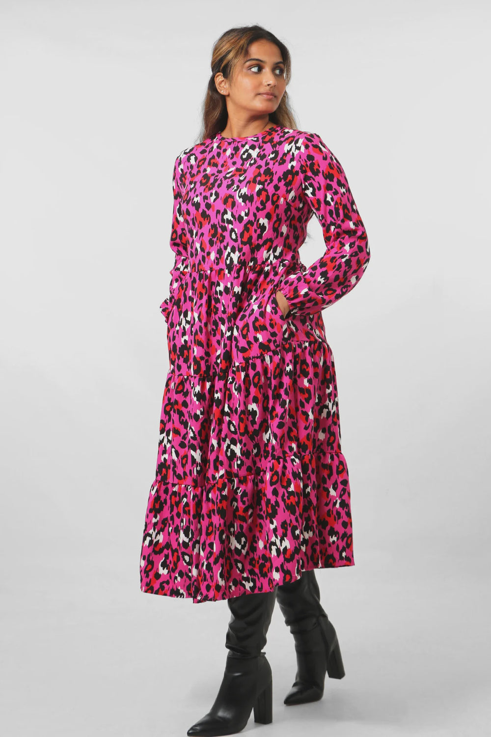 Tiered Leopard Print Dress - Fuchsia