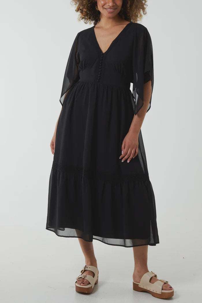 Kimono Sleeve Chiffon Midi Dress - Black