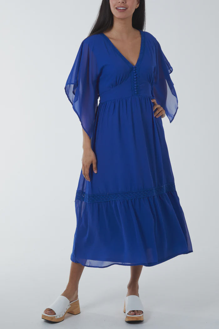 Kimono Sleeve Chiffon Midi Dress - Royal Blue